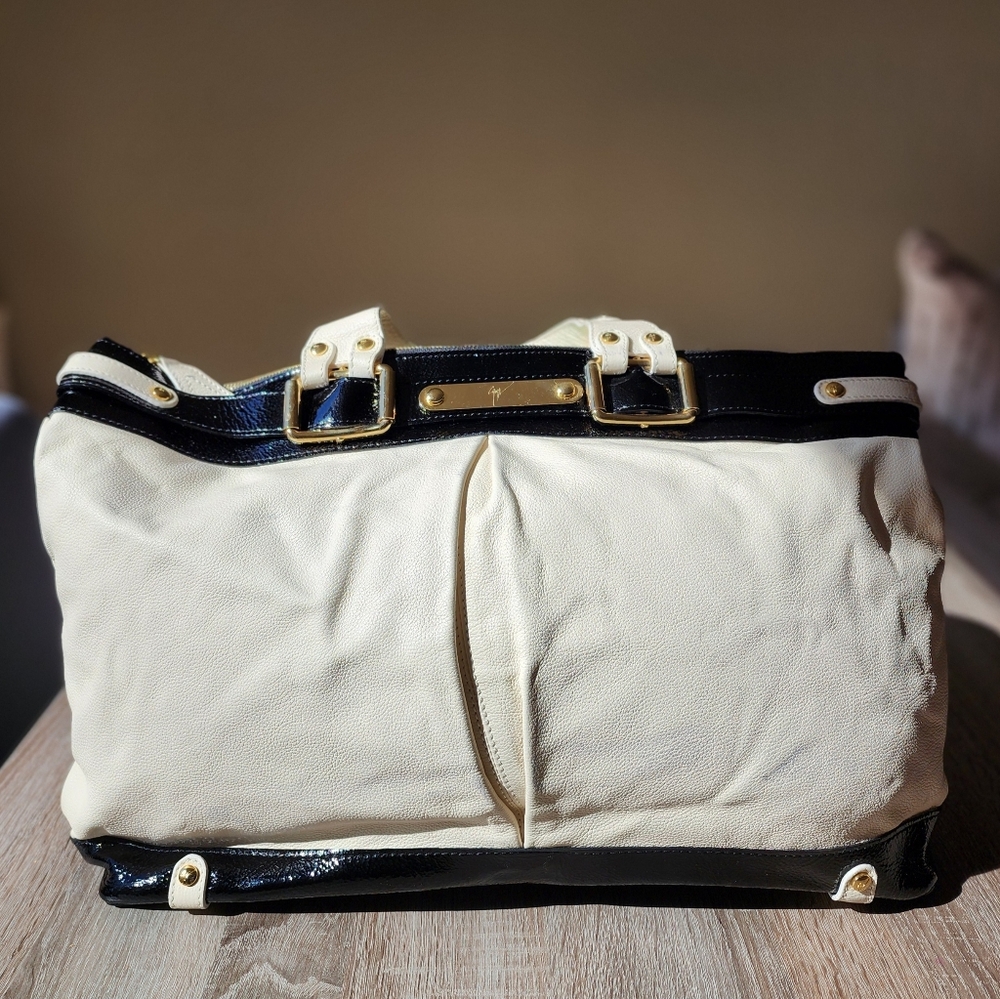 Giuseppe Zanotti Pebble White Leather Black Patent Leather Tote Gold Hardware